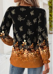 Leaf Print Tummy Coverage Black Long Sleeve Blouse