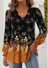 Leaf Print Tummy Coverage Black Long Sleeve Blouse