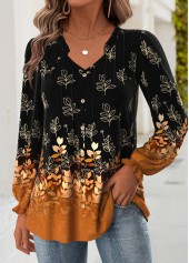 Leaf Print Tummy Coverage Black Long Sleeve Blouse