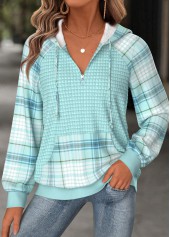 Plaid Tummy Coverage Mint Green Long Sleeve Hoodie