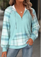 Plaid Tummy Coverage Mint Green Long Sleeve Hoodie