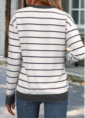 Striped Patchwork Raw White Long Sleeve Round Neck Sweatshirt