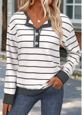 Striped Patchwork Raw White Long Sleeve Round Neck Sweatshirt