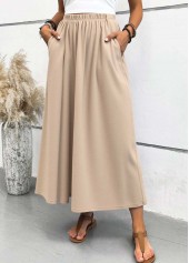 Pocket Light Camel A Line Elastic Waist Maxi Skirt