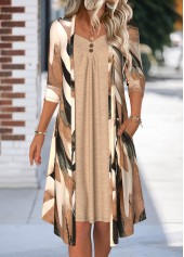 Graffiti Print Tummy Coverage Light Coffee Long Sleeve Dress