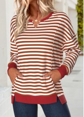 Striped Tummy Coverage Red Long Sleeve Round Neck Sweatshirt