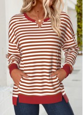 Striped Tummy Coverage Red Long Sleeve Round Neck Sweatshirt