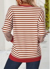 Striped Tummy Coverage Red Long Sleeve Round Neck Sweatshirt