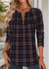 Plaid Tuck Stitch Navy Long Sleeve Split Neck Blouse