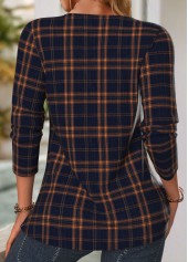 Plaid Tuck Stitch Navy Long Sleeve Split Neck Blouse