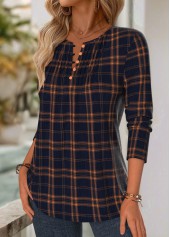 Plaid Tuck Stitch Navy Long Sleeve Split Neck Blouse