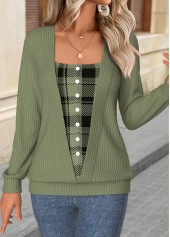 Plaid Tummy Coverage Sage Green Long Sleeve T Shirt