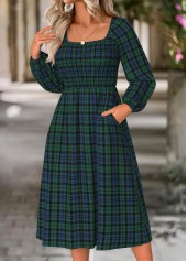 Plaid Tummy Coverage Green Long Sleeve Square Neck Dress