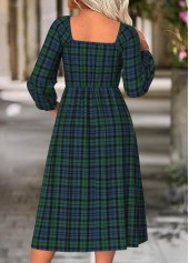 Plaid Tummy Coverage Green Long Sleeve Square Neck Dress