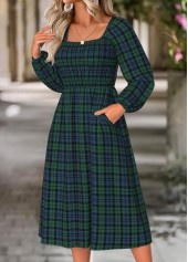 Plaid Tummy Coverage Green Long Sleeve Square Neck Dress