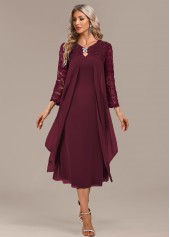 Wine Red A Line 3/4 Sleeve Round Neck Dress