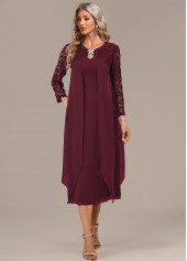 Wine Red A Line 3/4 Sleeve Round Neck Dress