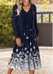 Floral Print Tummy Coverage Multi Color Long Sleeve Dress