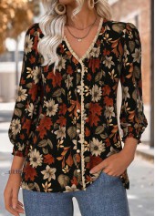 Floral Print Tummy Coverage Black Long Sleeve Blouse