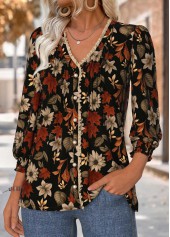 Floral Print Tummy Coverage Black Long Sleeve Blouse