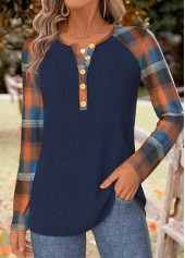 Plaid Tummy Coverage Navy Long Sleeve T Shirt