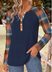 Plaid Tummy Coverage Navy Long Sleeve T Shirt