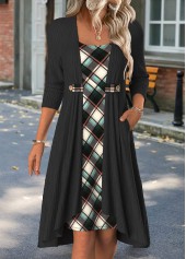 Plaid Fake 2in1 Black High Low Long Sleeve Dress