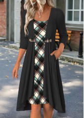 Plaid Fake 2in1 Black High Low Long Sleeve Dress