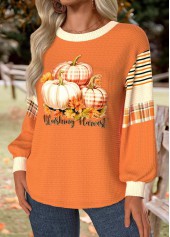 Halloween Pumpkin Print Tummy Coverage Neon Orange Sweatshirt