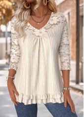 Tummy Coverage Beige Long Sleeve V Neck T Shirt