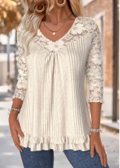 Tummy Coverage Beige Long Sleeve V Neck T Shirt