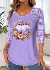 Halloween Pumpkin Print Tummy Coverage Light Purple T Shirt