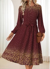 Ombre Tummy Coverage Belted Deep Red Long Sleeve Dress