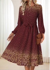 Ombre Tummy Coverage Belted Deep Red Long Sleeve Dress