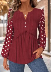 Geometric Print Tummy Coverage Deep Red Long Sleeve Blouse