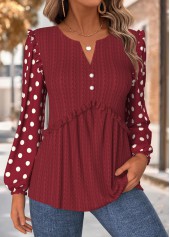 Geometric Print Tummy Coverage Deep Red Long Sleeve Blouse