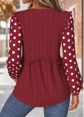 Geometric Print Tummy Coverage Deep Red Long Sleeve Blouse