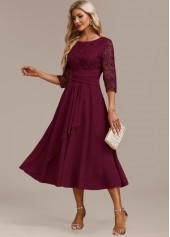Embroidery Wine Red 3/4 Sleeve Round Neck Dress