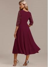 Embroidery Wine Red 3/4 Sleeve Round Neck Dress
