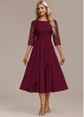 Embroidery Wine Red 3/4 Sleeve Round Neck Dress