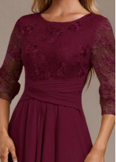 Embroidery Wine Red 3/4 Sleeve Round Neck Dress