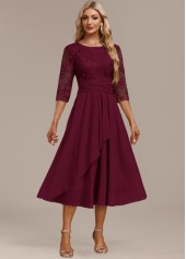 Embroidery Wine Red 3/4 Sleeve Round Neck Dress