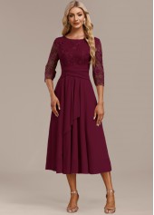 Embroidery Wine Red 3/4 Sleeve Round Neck Dress