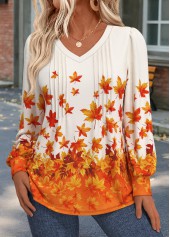 Leaf Print Tuck Stitch Orange Long Sleeve T Shirt