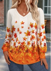 Leaf Print Tuck Stitch Orange Long Sleeve T Shirt