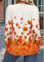 Leaf Print Tuck Stitch Orange Long Sleeve T Shirt