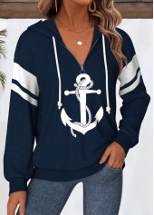 Geometric Print Tummy Coverage Navy Long Sleeve Hoodie