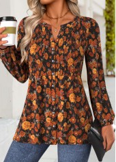 Floral Print Peplum Terracotta Long Sleeve Split Neck Blouse