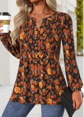 Floral Print Peplum Terracotta Long Sleeve Split Neck Blouse