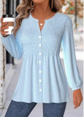 Tummy Coverage Light Blue Long Sleeve V Neck Blouse